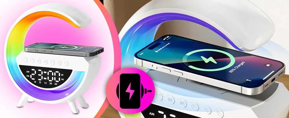 Lampka RGB LED naktinė lemputė „Bluetooth“ indukcinis įkroviklis laikrodis-radijas garsiakalbis