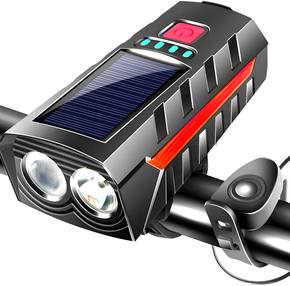 RTO Lampka rowerowa solarna światło przód tył led na rower kierownicę + klakson er1034