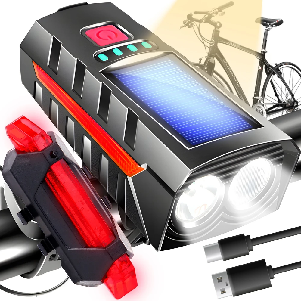RTO Lampka rowerowa solarna światło przód tył led na rower kierownicę + klakson er1034