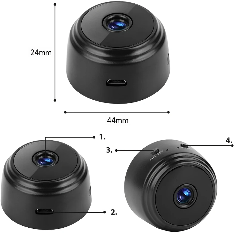 Mini šnipinėjimo kamera su „Full HD“ IR „Wi-Fi“ aptikimu