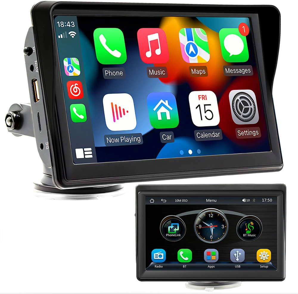 Automagnetola RTO 7 colių automobilio radijas su „Android“ ir „Apple CarPlay“ atbulinės eigos kamera, multimedija, „Bluetooth“ – ER1081