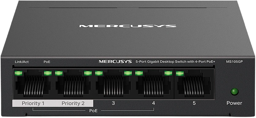 Šakotuvas Mercusys 5-port Gigabit Desktop Switch su 4-Port PoE+ | Mercusys