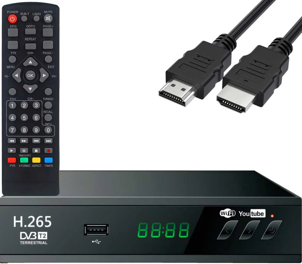 Retoo Antžeminės televizijos imtuvo dekoderis, USB 5V, „Full HD“ DVB-T2 antenos nuotolinio valdymo pultas + HDMI kabelis - ER1238