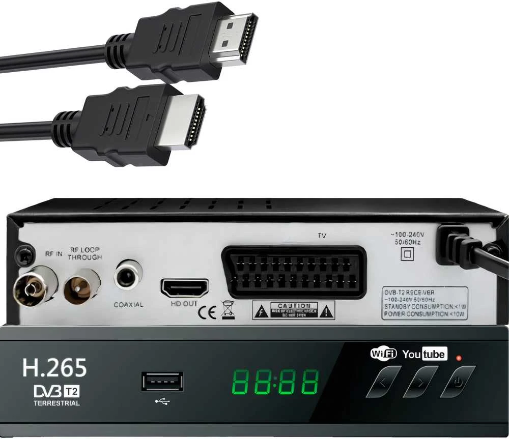 Retoo Antžeminės televizijos imtuvo dekoderis, USB 5V, „Full HD“ DVB-T2 antenos nuotolinio valdymo pultas + HDMI kabelis - ER1238