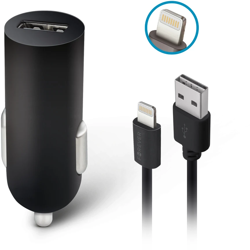 Forever M02 automobilinis įkroviklis 1x USB 2A juodos spalvos + Lightning kabelis