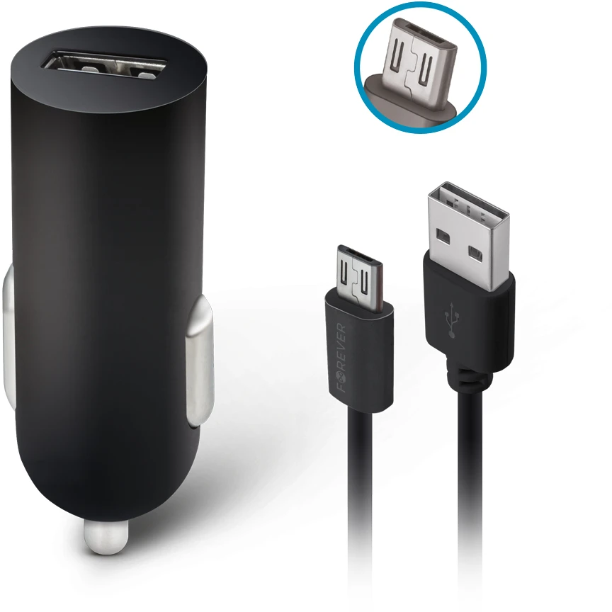 TelForceone Forever kroviklis samochodowa m02 1x usb 2a juoda + kabelis microusb