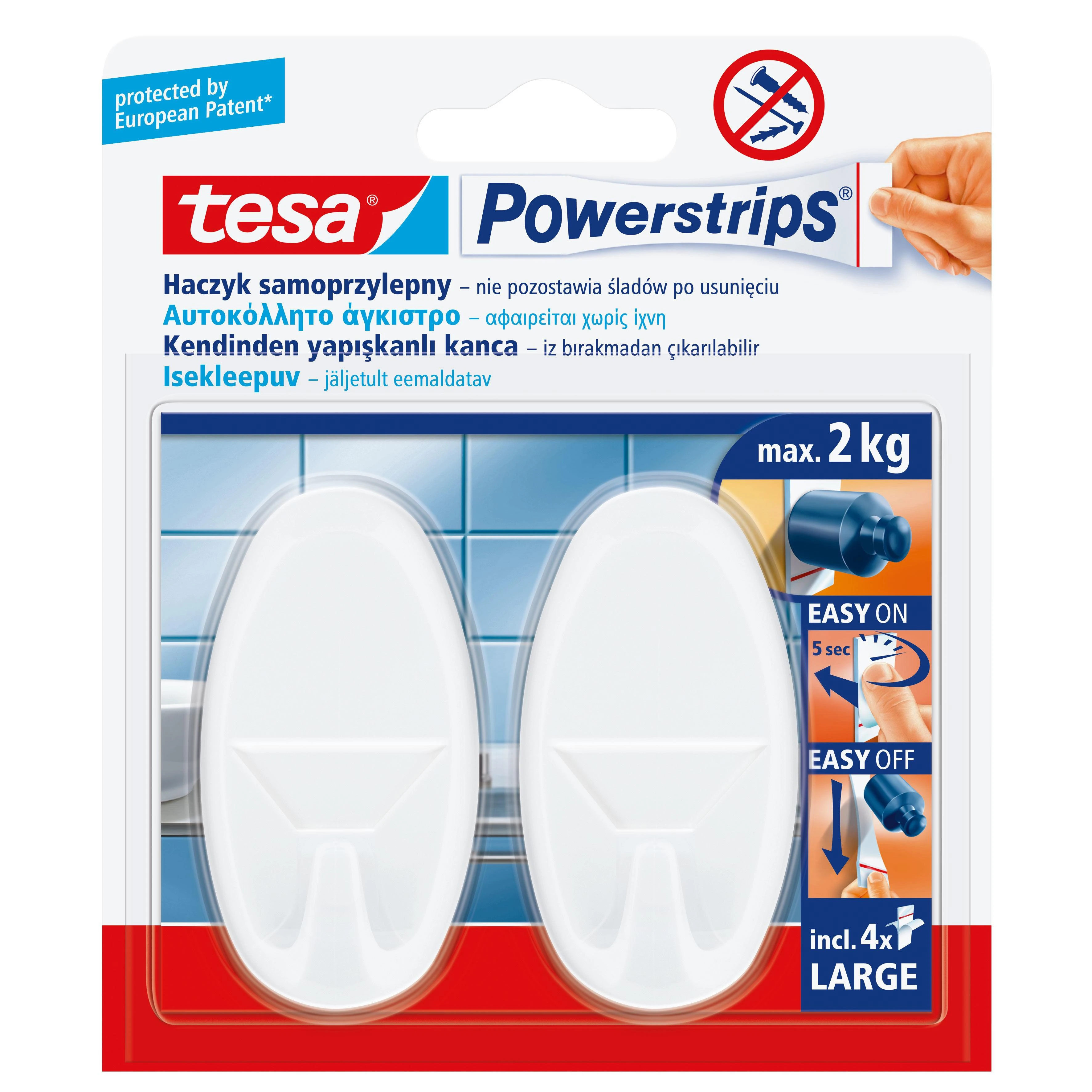 Kabliukai Tesa Power Strips Large Ovale, lipnūs, plastikiniai, balti (2) 2008-101