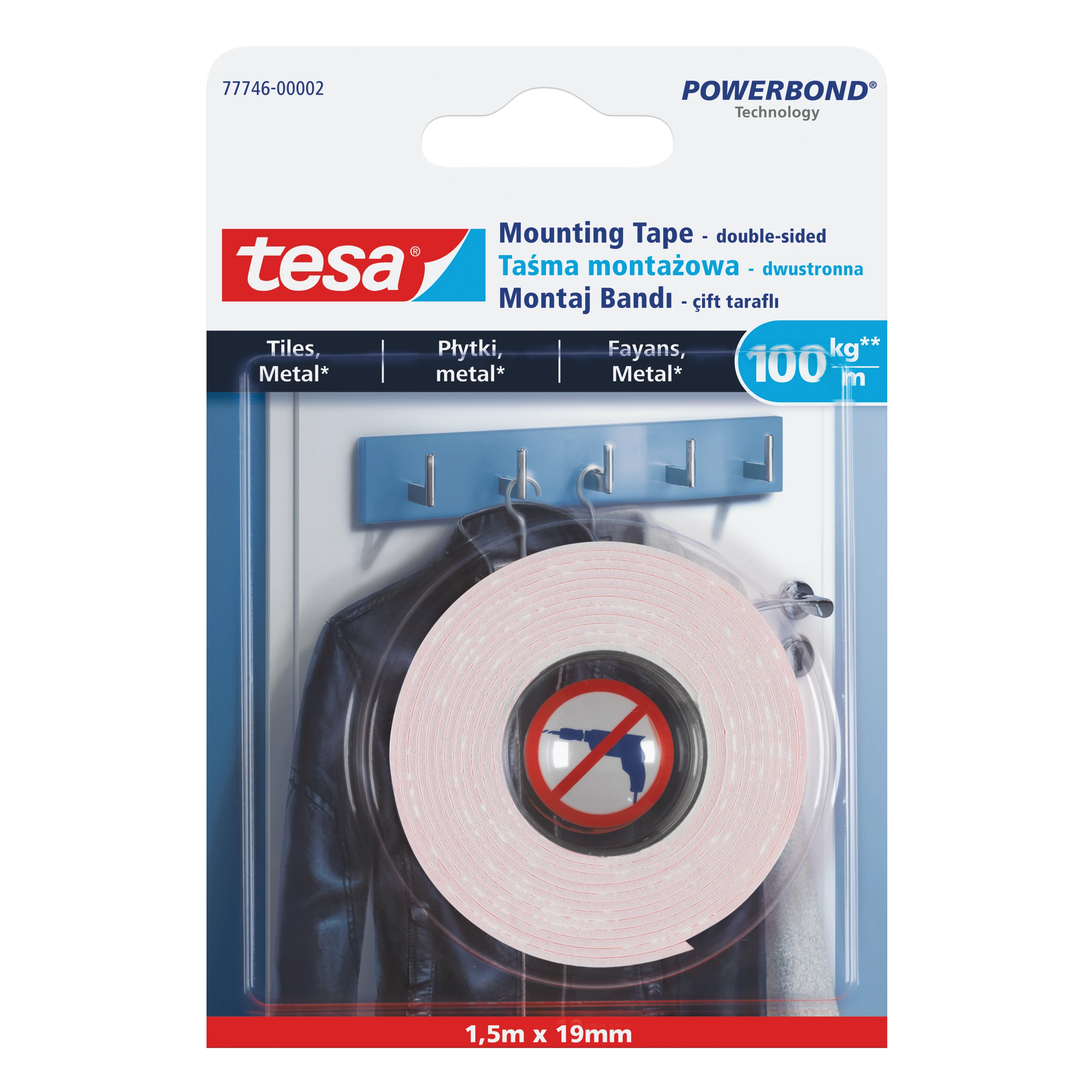 Tesa Taśma Plytelių tvirtinimo juosta 1,5 m: 19 mm (77746-00007-00)