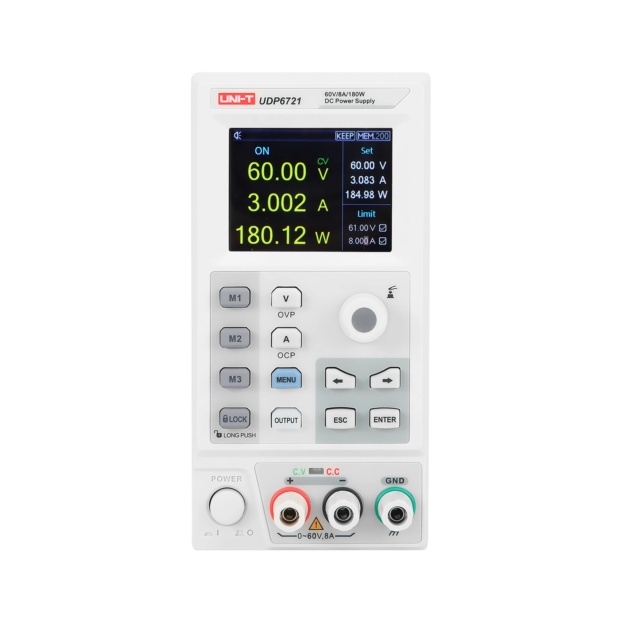 Uni-T UDP6721 maitinimo šaltinio priekinis valdymo skydelis