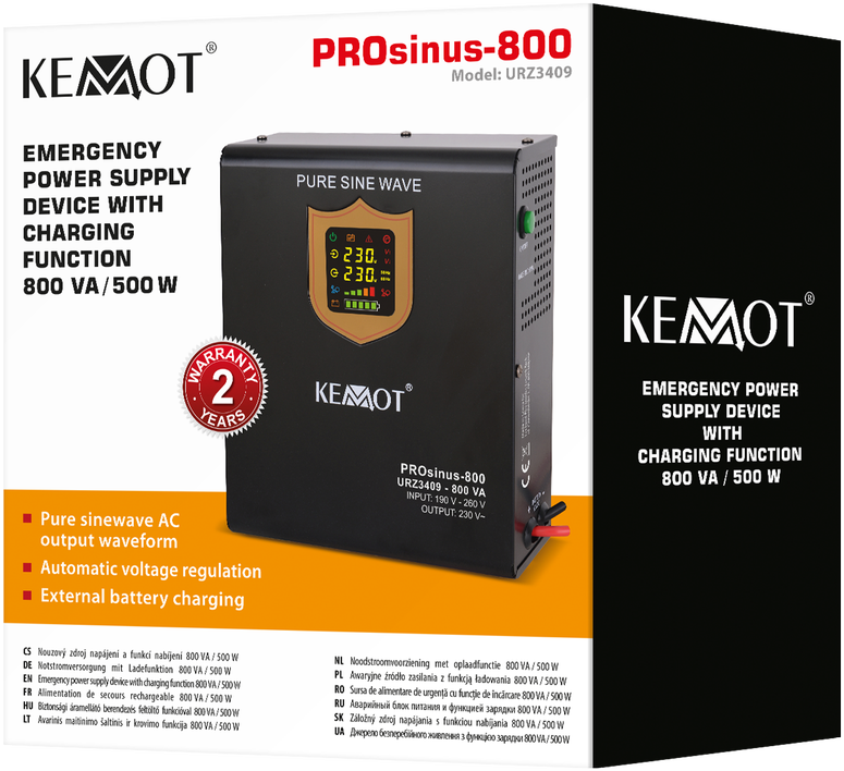 KEMOT PROsinus-800 sieninis nepertraukiamo maitinimo šaltinis grynos sinusinės bangos keitiklis su įkrovimo funkcija 12V 230V 800VA/500W