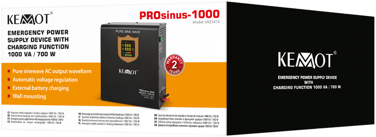 KMT sieninis nepertraukiamo maitinimo šaltinis KEMOT PROsinus-1000 keitiklis su gryna sinusine banga ir įkrovimo funkcija 12V 230V 1000VA/700W
