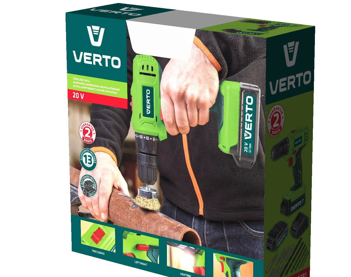 Verto 50G291 20 V gręžtuvas, 2 x 1,5 Ah baterija
