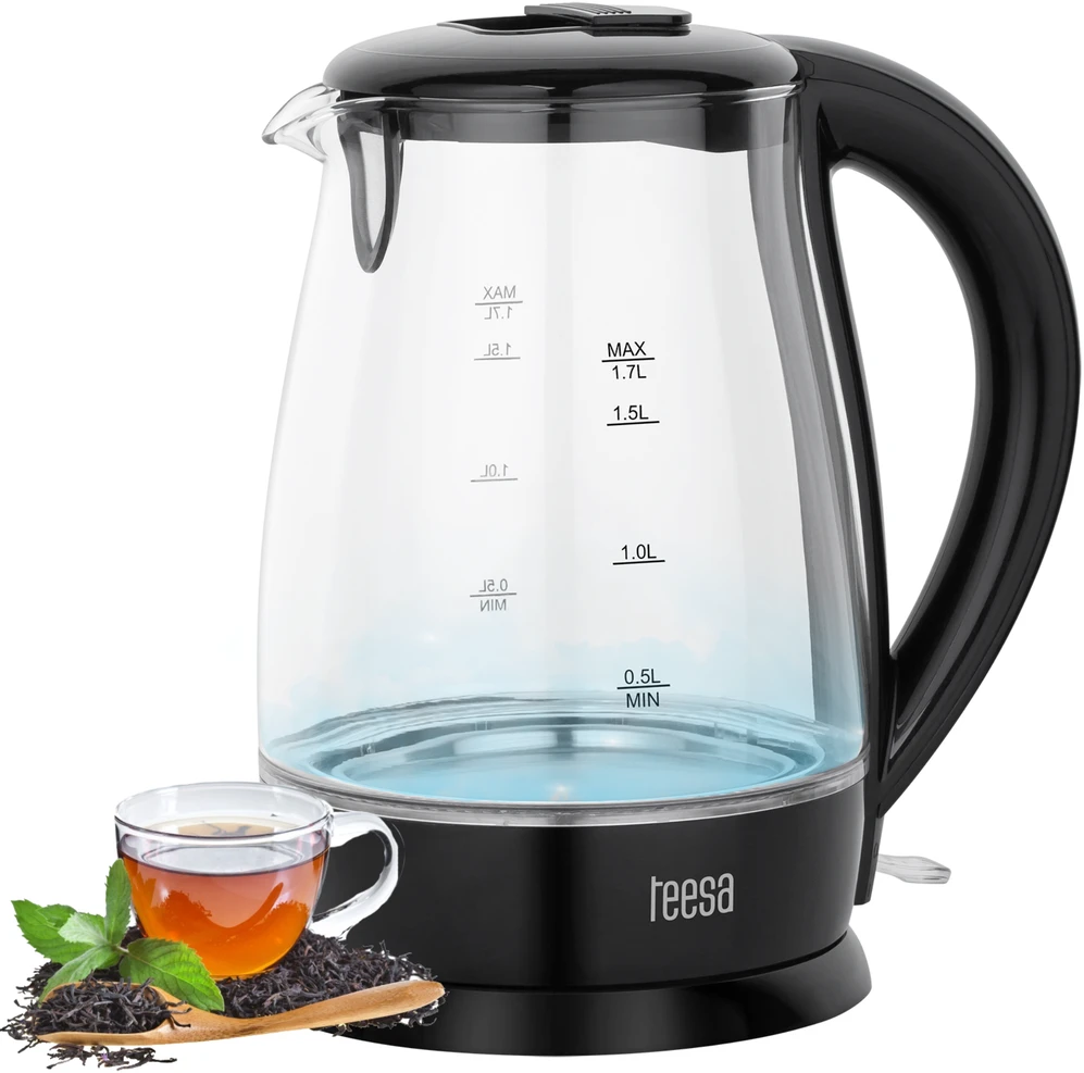 TEESA elektrinis virdulys, stiklinis, 2200 W, juodas, 1.7 L