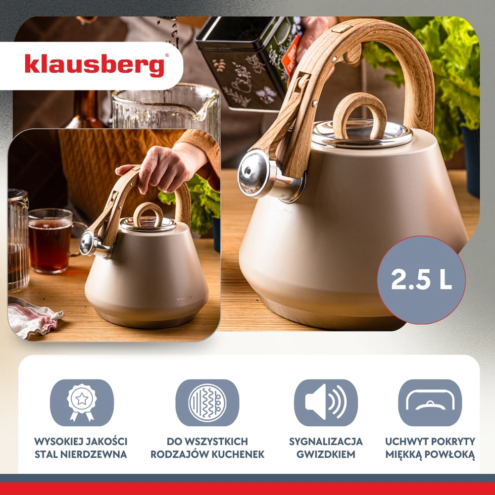 Virdulys plieno su gwizdkiem 2,5 l smėlio spalva, indukcija, klausberg kb-7950