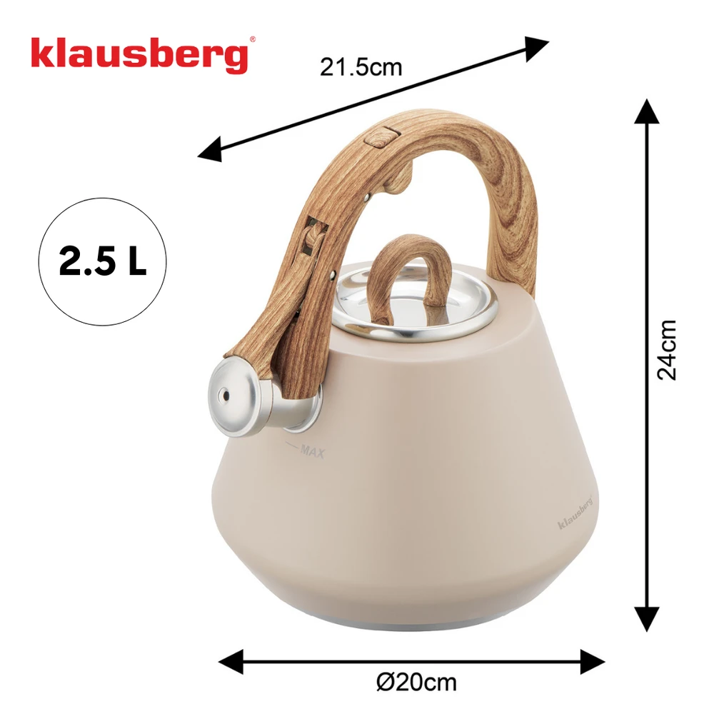 Virdulys plieno su gwizdkiem 2,5 l smėlio spalva, indukcija, klausberg kb-7950