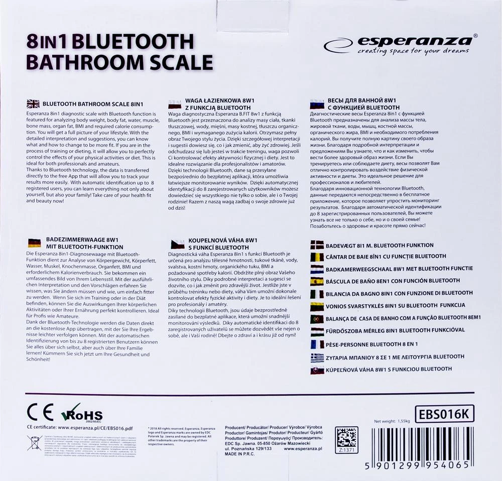 Virtuvinės svarstyklės Svarstyklės su „Bluetooth“ funkcija Esperanza EBS016K (juodos spalvos)