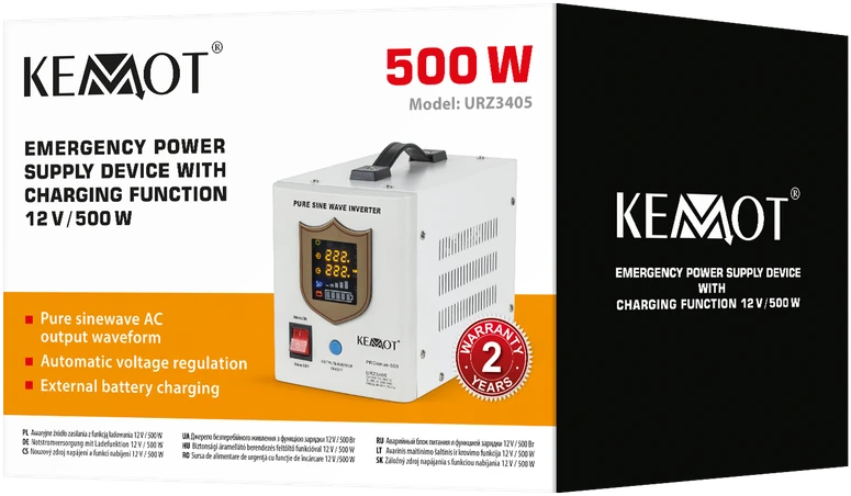 KEMOT PROsinus-800 avarinio maitinimo keitiklis su gryna sinusine banga ir įkrovimo funkcija 12V 230V 800VA / 500W