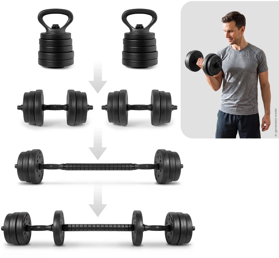 Spokey Rinkinys hantli 4w1 (sztanga, hantle, kettlebell, podpórki do pompek) PONDUS SET 20 kg (Rinkinys hantli 4w1 (sztanga, hantle, kettlebell, podpórki do pompek) Spokey PONDUS SET 20 kg)
