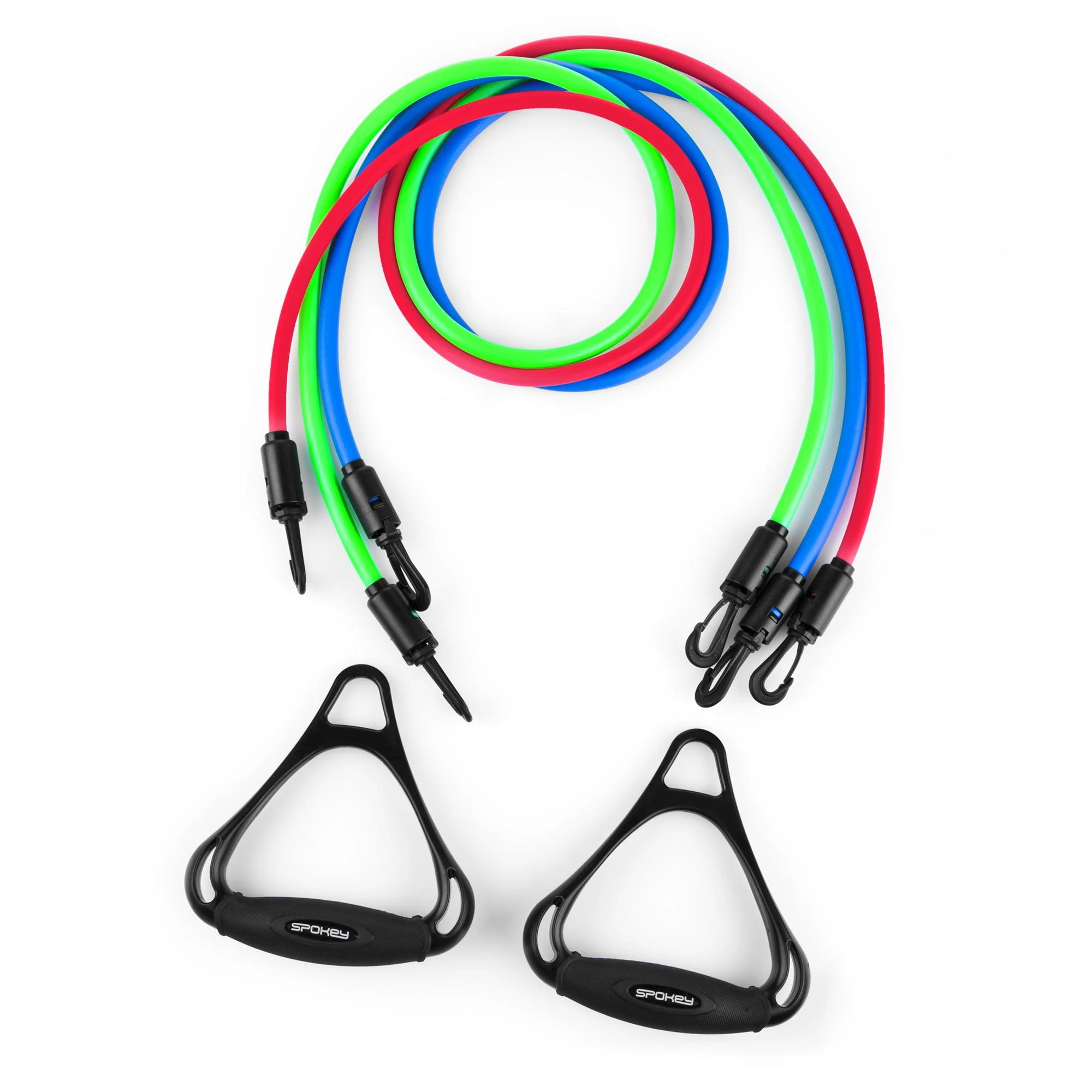 Spokey BACKER II Expander su keičiamomis gumomis, 127 cm, 3 juostos su skirtingais atsparumo laipsniais, Raudona/Žalias/Mėlyna, Guma