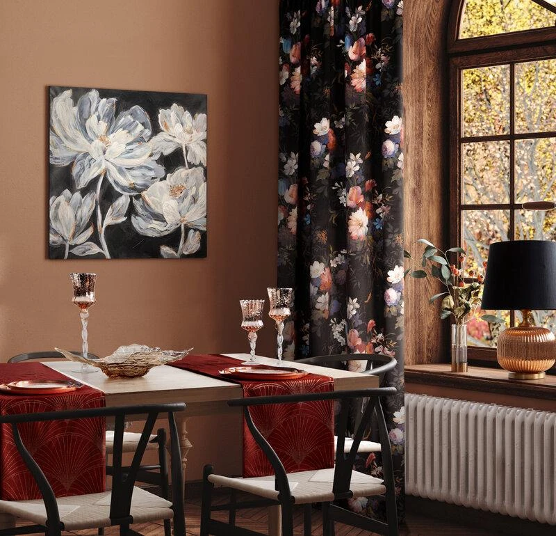 Eurofirany BLINK / 14 Aksominis stalo takelis su su dideliu art deco stiliaus vėduoklės raštu, 35X180 cm, spalva: plytų
