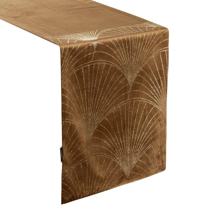Eurofirany BLINK / 14 Aksominis stalo takelis su su dideliu art deco stiliaus vėduoklės raštu, 35X220 cm, spalva: ruda