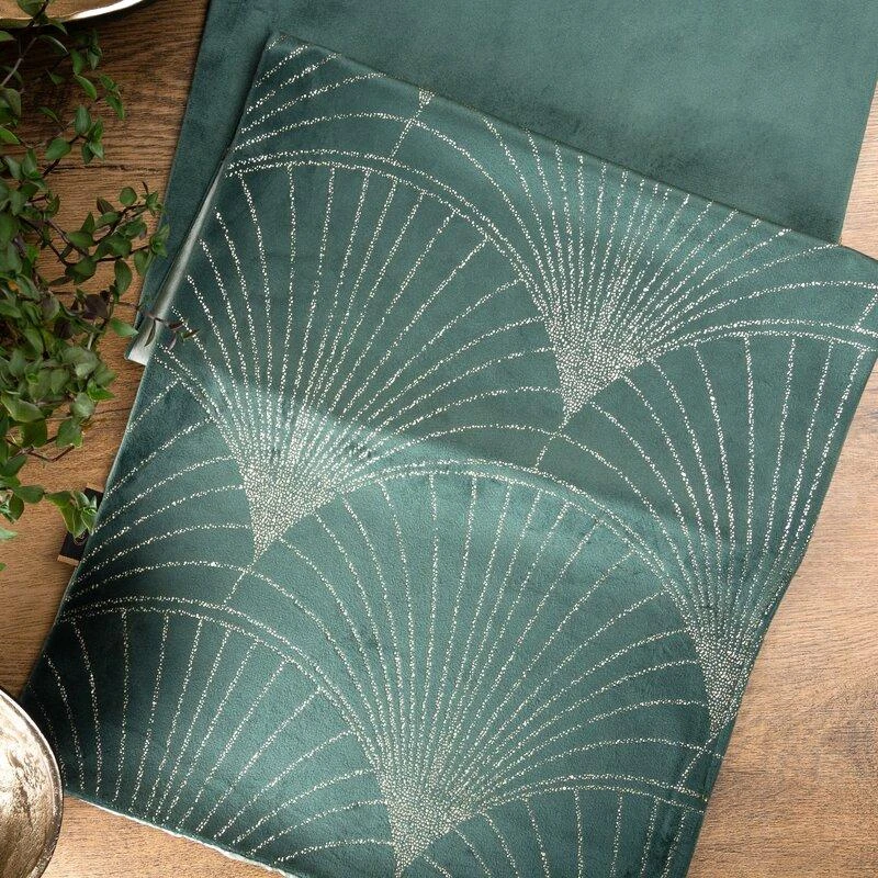 Eurofirany BLINK / 14 Aksominis stalo takelis su su dideliu art deco stiliaus vėduoklės raštu, 35X140 cm, spalva: tamsi mėtų