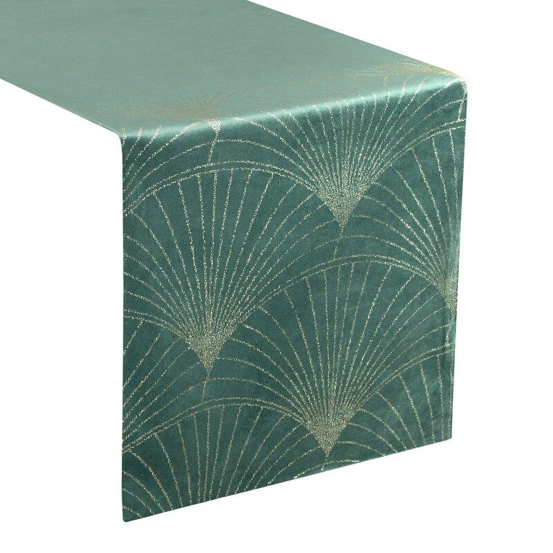 Eurofirany BLINK / 14 Aksominis stalo takelis su su dideliu art deco stiliaus vėduoklės raštu, 35X140 cm, spalva: tamsi mėtų