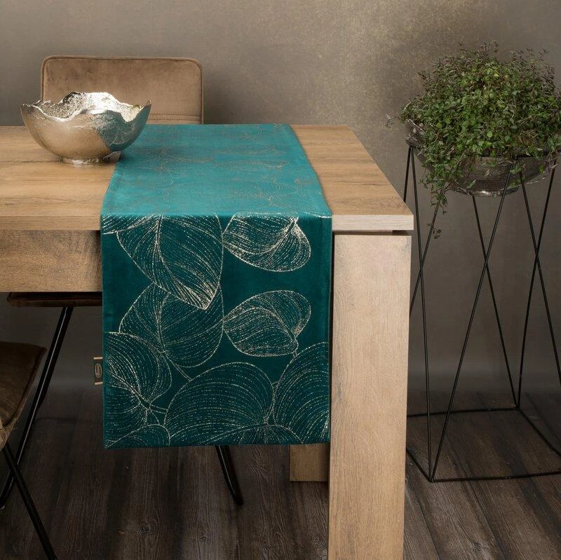 Eurofirany BLINK / 16 Aksominis stalo takelis su didelių lapų raštu, 35X220 cm, spalva: tamsi turkio