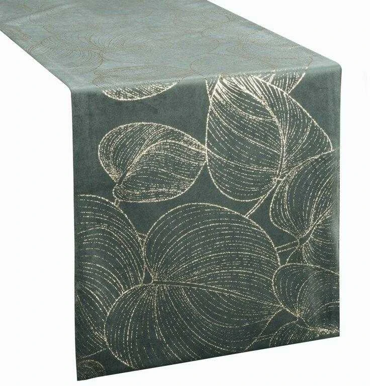 Eurofirany BLINK / 16 Aksominis stalo takelis su didelių lapų raštu, 35X140 cm, spalva: tamsiai mėtinė