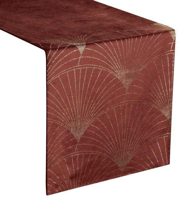 Eurofirany BLINK / 14 Aksominis stalo takelis su su dideliu art deco stiliaus vėduoklės raštu, 35X180 cm, spalva: plytų