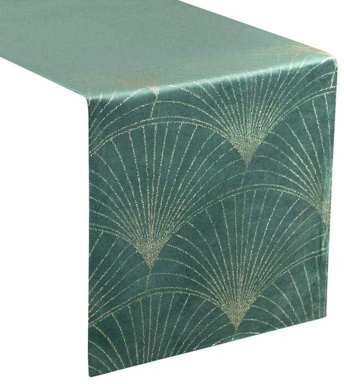 Eurofirany BLINK / 14 Aksominis stalo takelis su su dideliu art deco stiliaus vėduoklės raštu, 35X180 cm, spalva: tamsi mėtų
