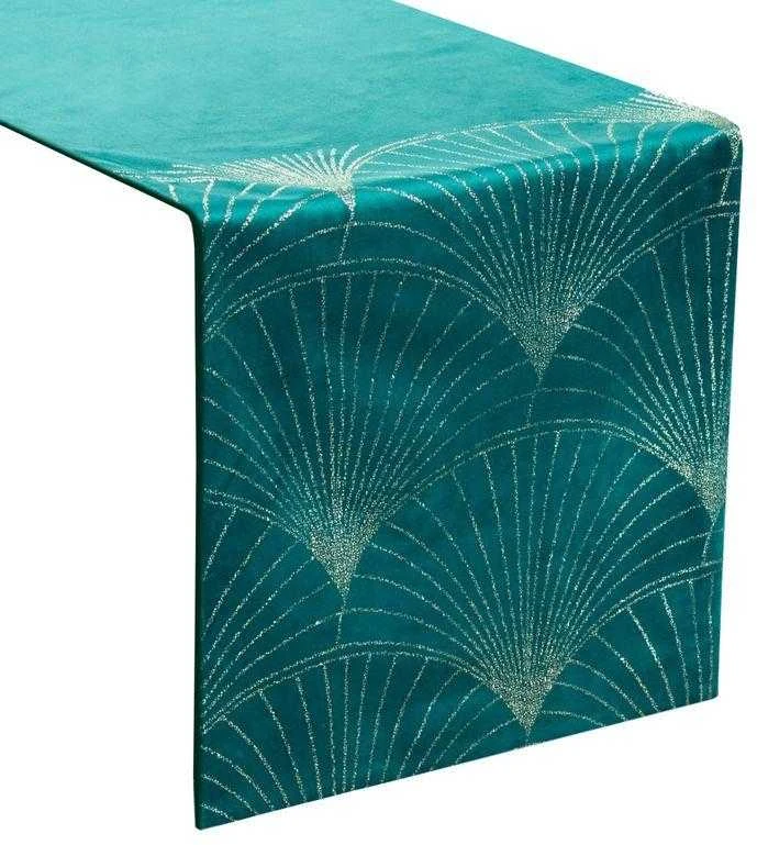 Eurofirany BLINK / 14 Aksominis stalo takelis su su dideliu art deco stiliaus vėduoklės raštu, 35X180 cm, spalva: tamsi turkio