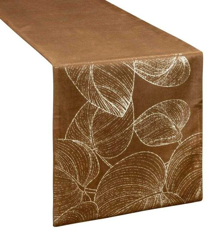 Eurofirany BLINK / 16 Aksominis stalo takelis su didelių lapų raštu, 35X140 cm, spalva: ruda