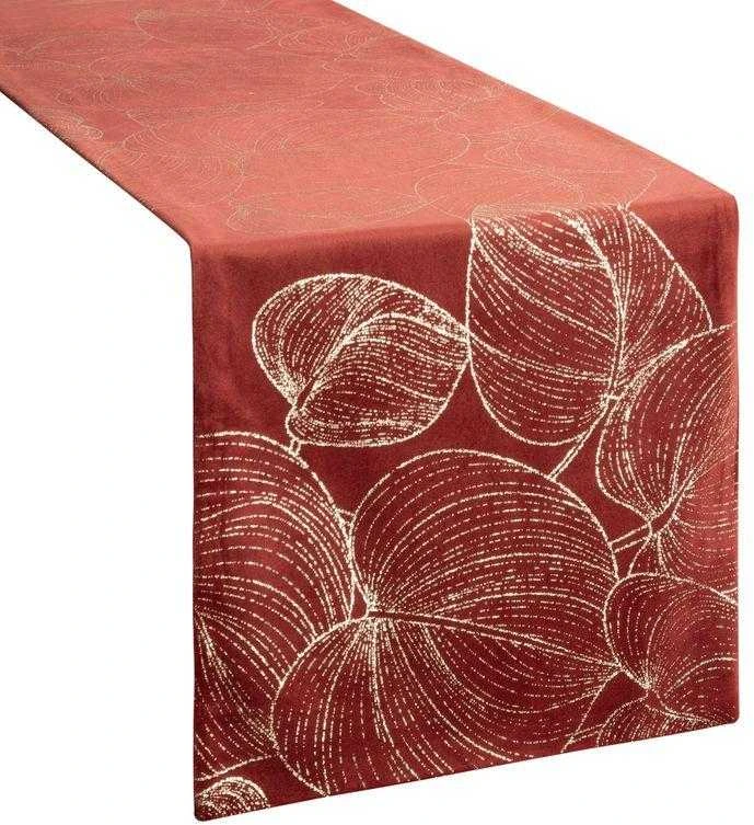 Eurofirany BLINK / 16 Aksominis stalo takelis su didelių lapų raštu, 35X220 cm, spalva: plytų