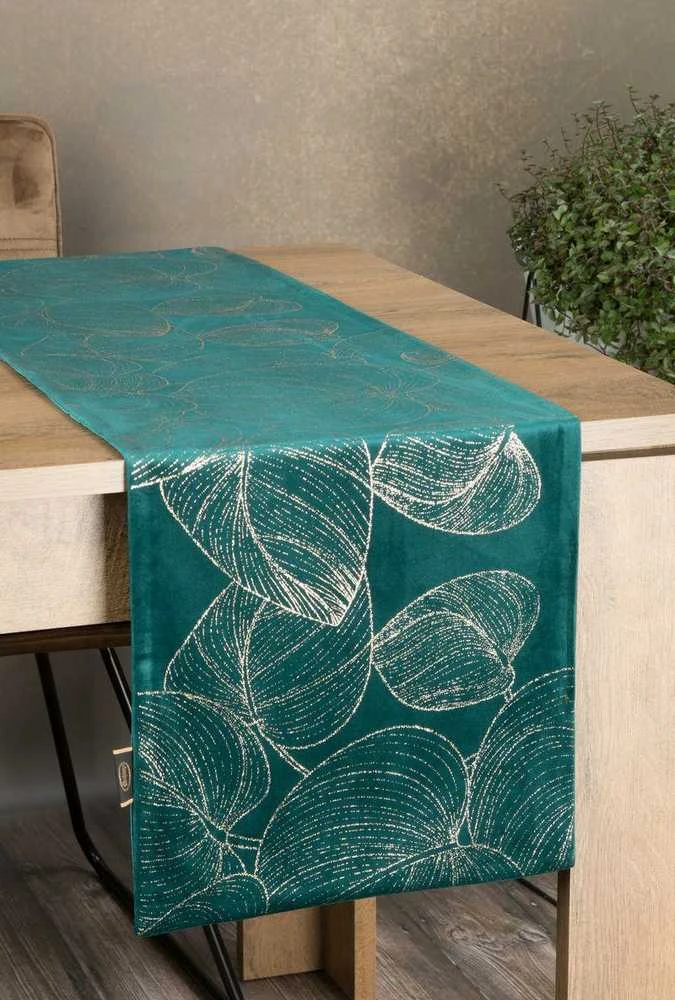 Eurofirany BLINK / 16 Aksominis stalo takelis su didelių lapų raštu, 35X220 cm, spalva: tamsi turkio