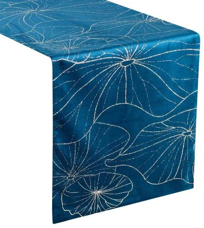 Eurofirany BLINK / 18 Aksominis stalo takelis su vandens lelijos lapų raštu, 35X180 cm, spalva: mėlyna
