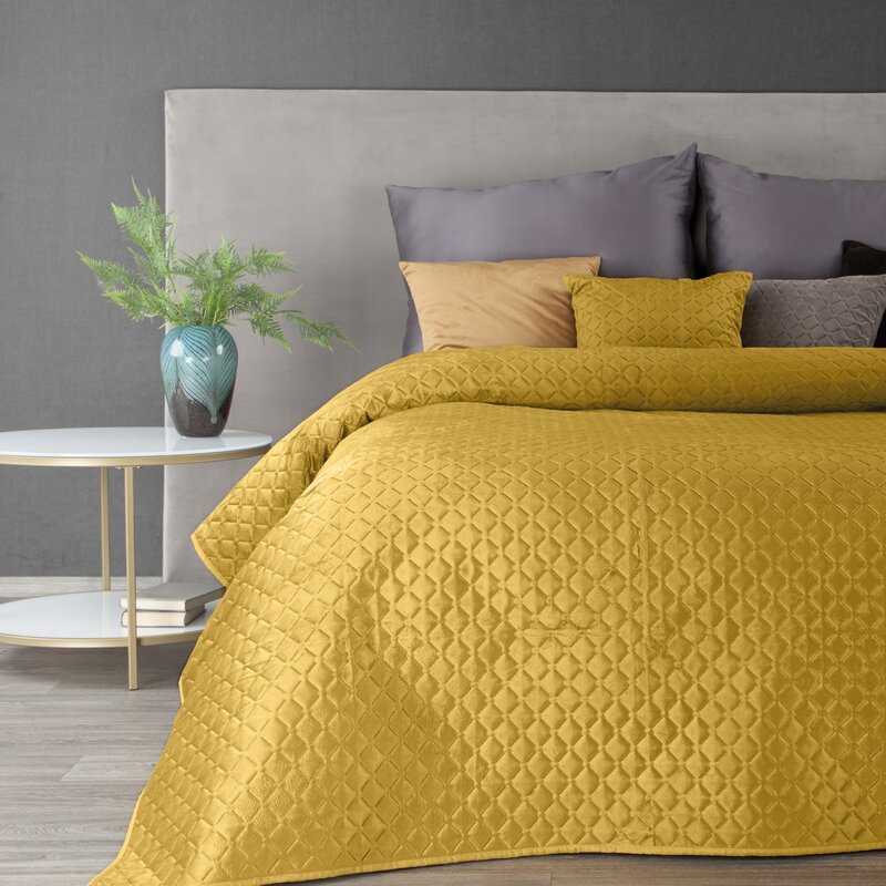 Eurofirany Garstyčių spalvos geometrinis aksominis užtiesalas, dvipusis dekoratyvinis uždangalas, 230x260 cm, karšto spaudimo dygsniavimas, minkšta poliesterio lovatiesė, prabangi namų tekstilė Lovatiesė