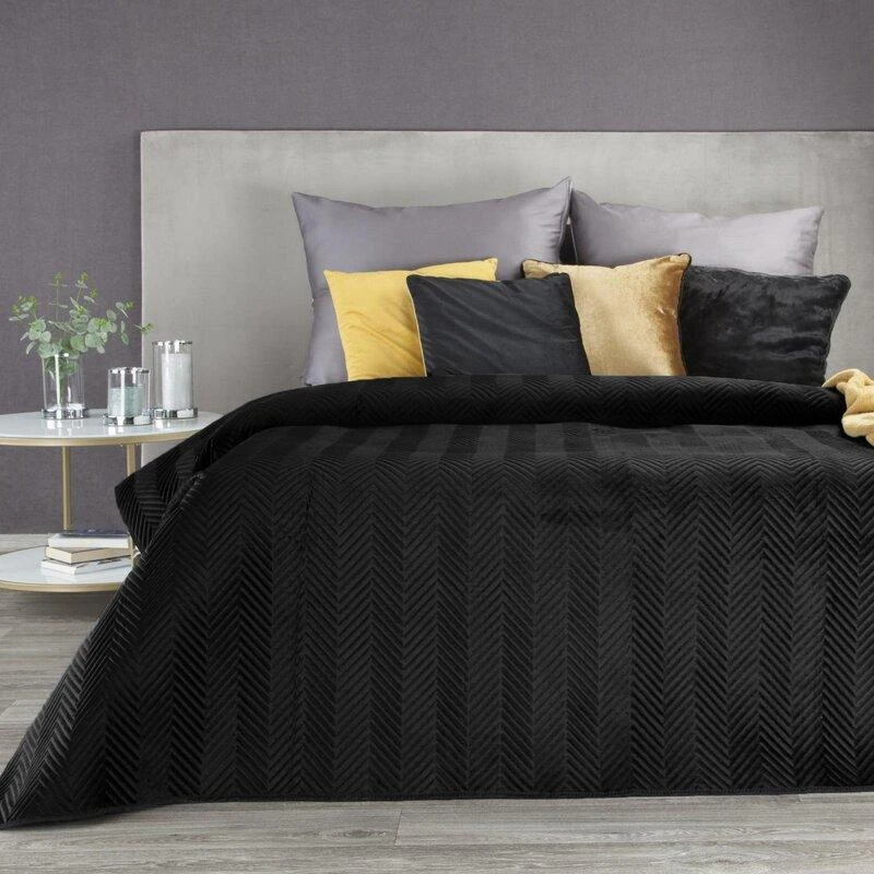 Eurofirany Juodas veliūrinis dekoratyvinis užtiesalas, 200x220 cm, dvipusis su dygsniuotu raštu, vasarinė antklodė, minkšta lovatiesė, miegamojo tekstilė Lovatiesė