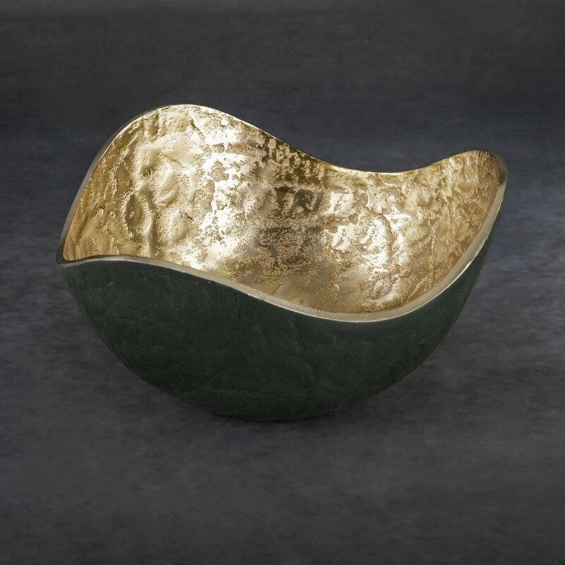 Eurofirany Dekoratyvinis kvadratinis metalinis dubuo, tamsiai žalias su auksiniais akcentais, 25x25x13 cm, modernus dizainas, elegantiškas namų dekoras, dekoratyvinis indas, stilingas interjero akcentas