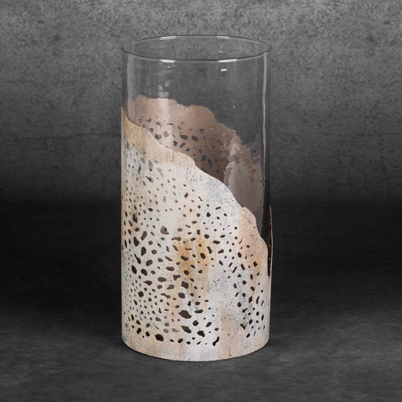 Eurofirany Stiklinė dekoratyvinė žvakių dėtuvė, smėlio spalvos, 16 cm pločio ir 32 cm ilgio, svetainės ar miegamojo dekorui, elegantiškas namų aksesuaras, stilinga interjero detalė