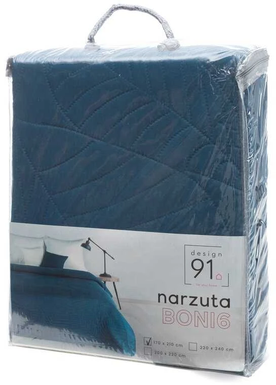 Eurofirany DESIGN 91 BONI / 6 Lovatiesė, dygsniuota karšto spaudimo būdu su lapų raštu, 170X210 cm, spalva: mėlyna Lovatiesė