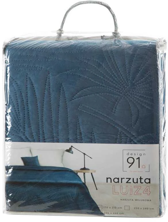 Eurofirany DESIGN 91 LUIZ / 4 Aksominė lovatiesė, dygsniuota karšto spaudimo būdu su palmių lapų raštu, 170X210 cm, spalva: mėlyna Lovatiesė