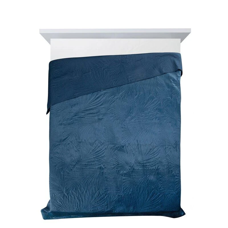 Eurofirany DESIGN 91 LUIZ / 4 Aksominė lovatiesė, dygsniuota karšto spaudimo būdu su palmių lapų raštu, 170X210 cm, spalva: mėlyna Lovatiesė