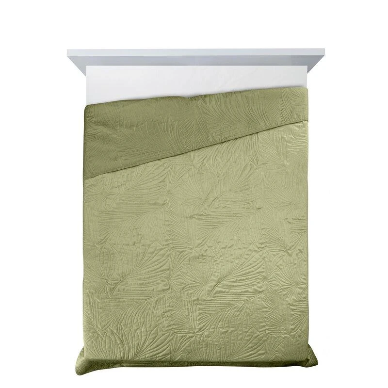 Eurofirany DESIGN 91 LUIZ / 4 Aksominė lovatiesė, dygsniuota karšto spaudimo būdu su palmių lapų raštu, 170X210 cm, spalva: šviesiai žalia Lovatiesė