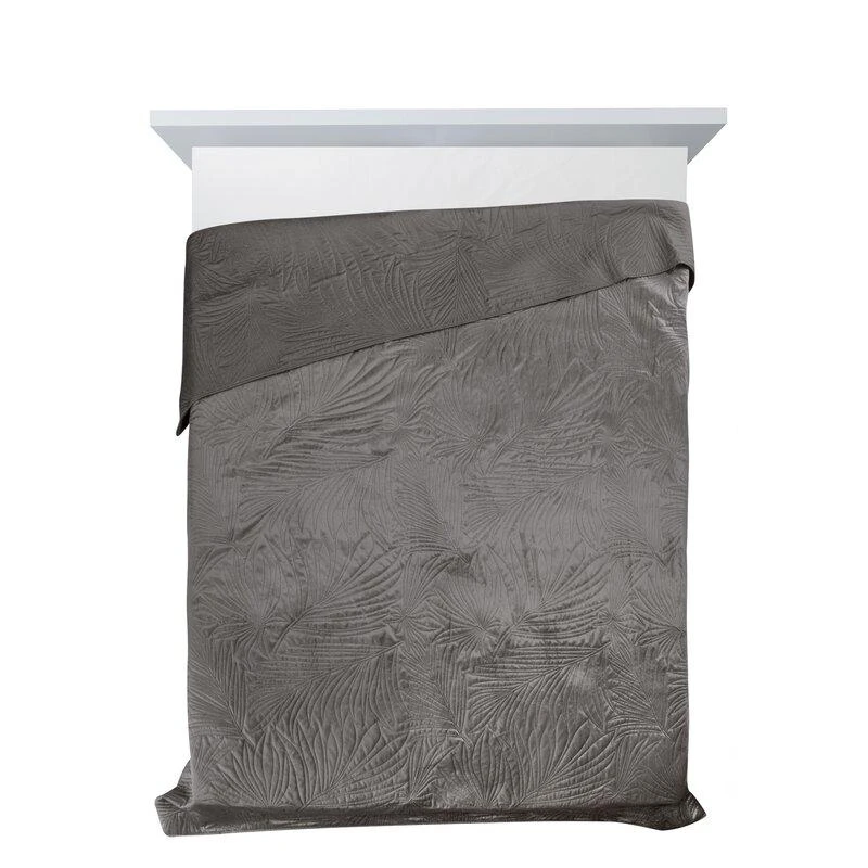 Eurofirany DESIGN 91 LUIZ / 4 Aksominė lovatiesė, dygsniuota karšto spaudimo būdu su palmių lapų raštu, 170X210 cm, spalva: grafito Lovatiesė