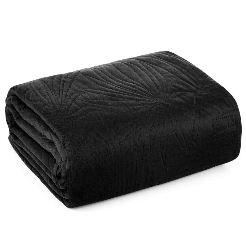 Eurofirany DESIGN 91 LUIZ / 4 Aksominė lovatiesė, dygsniuota karšto spaudimo būdu su palmių lapų raštu, 170X210 cm, spalva: juoda Lovatiesė