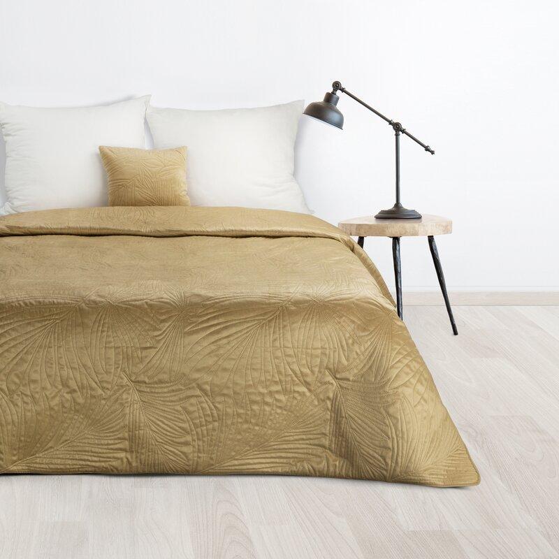 Eurofirany DESIGN 91 LUIZ / 4 Aksominė lovatiesė, dygsniuota karšto spaudimo būdu su palmių lapų raštu, 170X210 cm, spalva: smėlio Lovatiesė