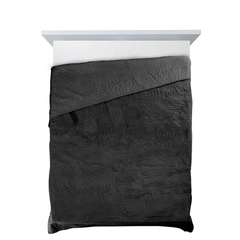 Eurofirany DESIGN 91 LUIZ / 4 Aksominė lovatiesė, dygsniuota karšto spaudimo būdu su palmių lapų raštu, 170X210 cm, spalva: juoda Lovatiesė