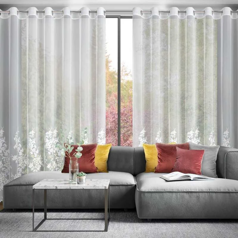 Eurofirany Kreminės šampano spalvos gėlėmis siuvinėta užuolaida, paruošta žiedams, 300x250 cm, poliesterio langų drapiruotė, dieninė užuolaida svetainei