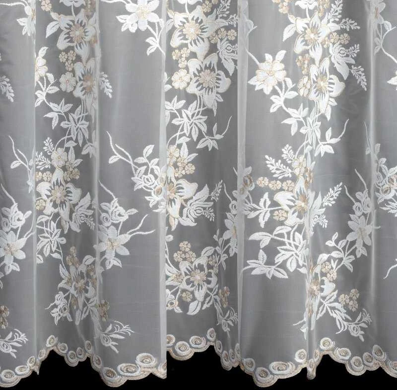 Eurofirany Kreminės šampano spalvos gėlėmis siuvinėta užuolaida, paruošta žiedams, 300x250 cm, poliesterio langų drapiruotė, dieninė užuolaida svetainei